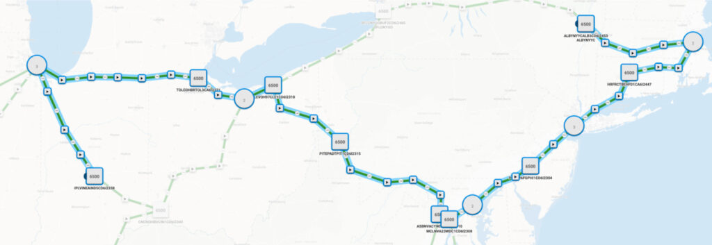 Map of the over 3,000 km 400 Gbps link on the Internet2 network between Albany and Indianapolis with no transponders or regeneration.