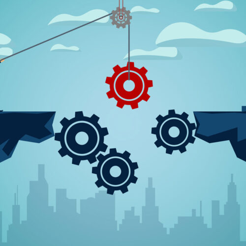 Graphic illustration displaying a man pulling a gear towards a success flag.