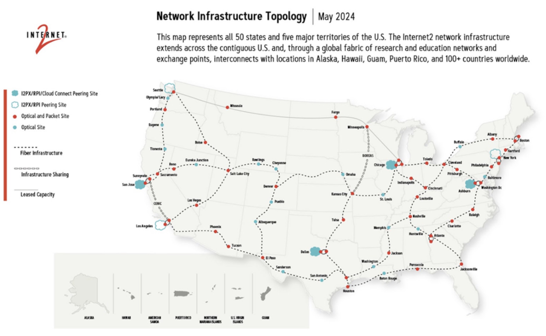 Graphic displaying Internet2 network infrastructure topology for May 2024
