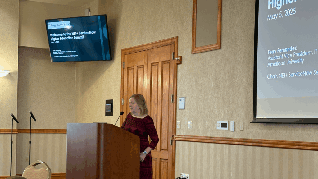 Terry Fernandez speaking at Net+ ServiceNow higher education summit